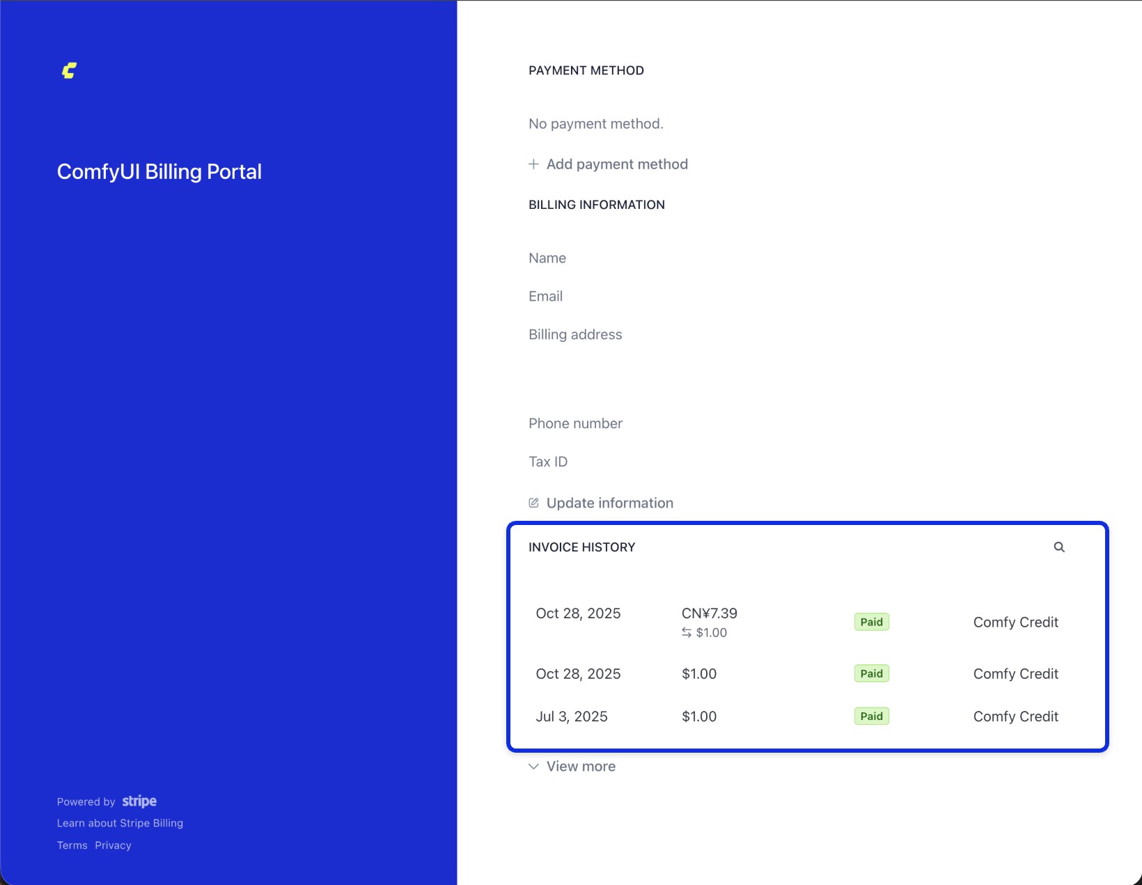 Stripe 门户中显示发票历史列表的界面