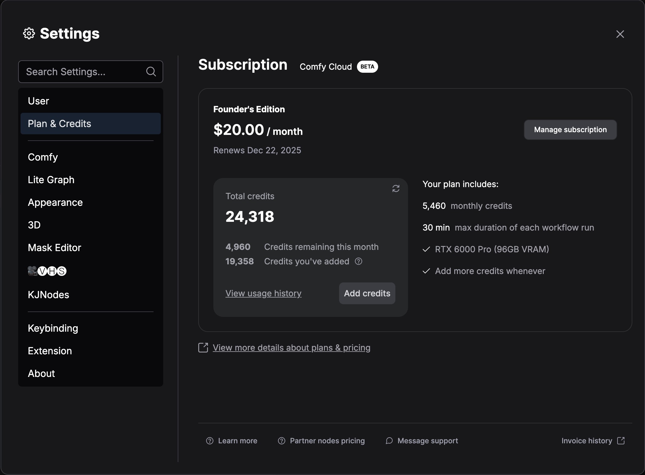 Subscription settings menu