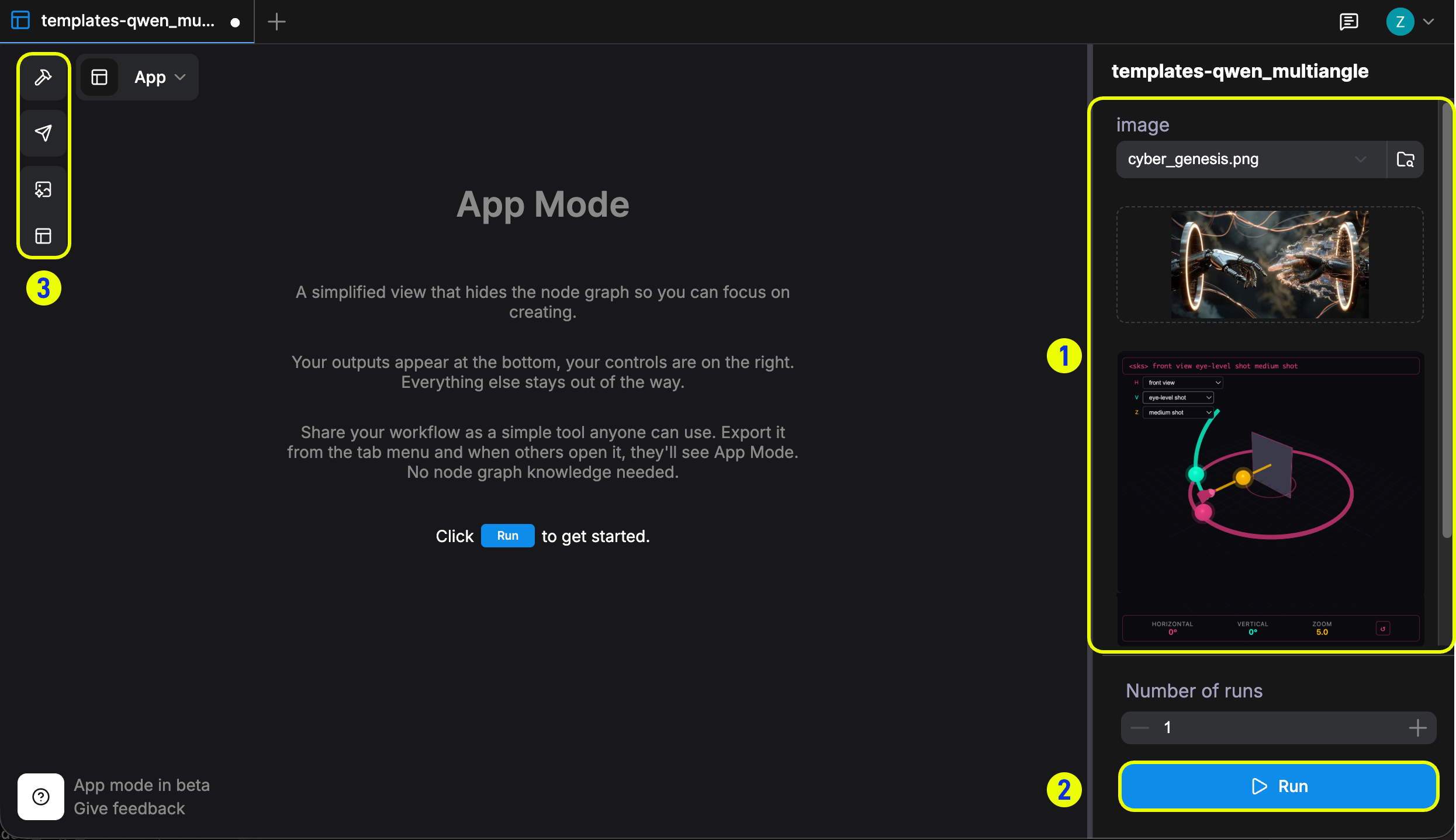APP 模式界面，包含输入面板和 Run 按钮