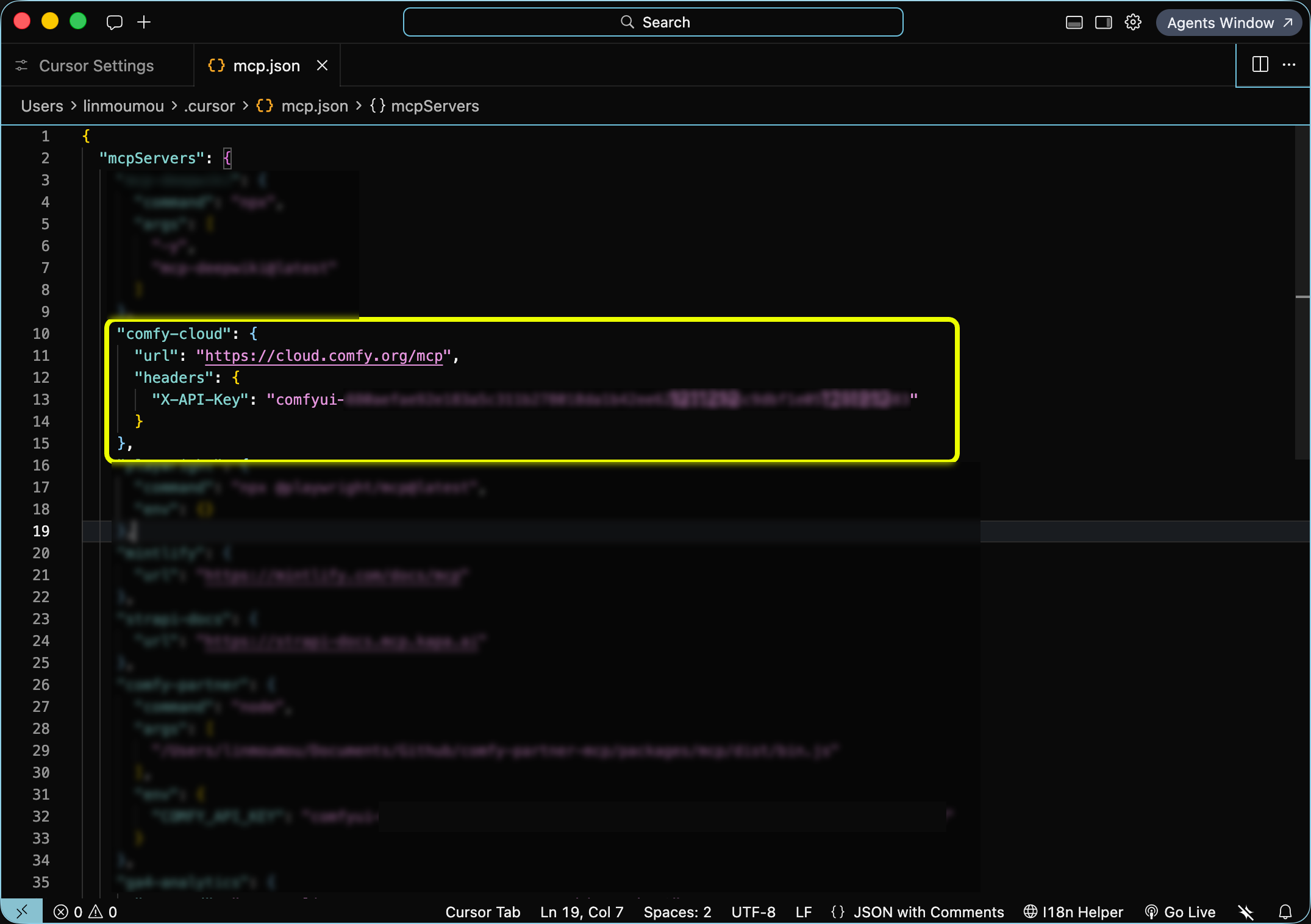 Cursor — 带有 API 密钥的 mcp.json