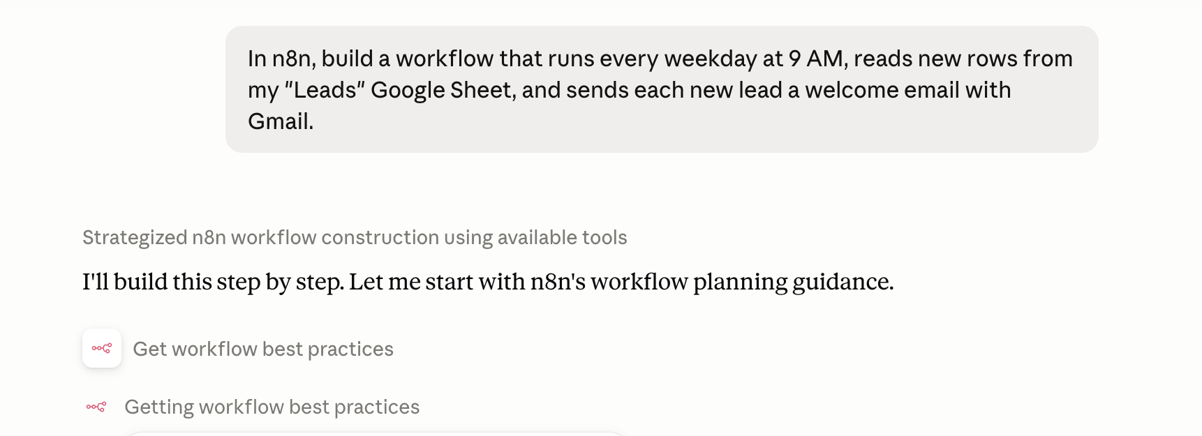 Describing a workflow to build in n8n to Claude
